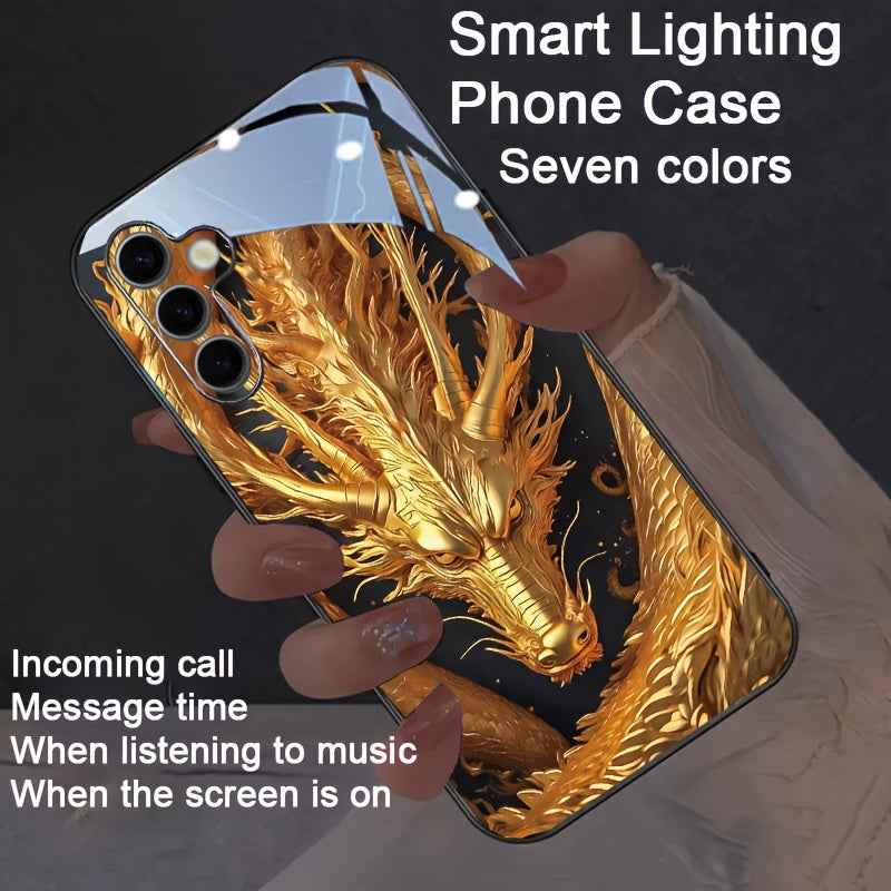 LED dragon phone case featuring a golden dragon design with smart lighting and seven color options