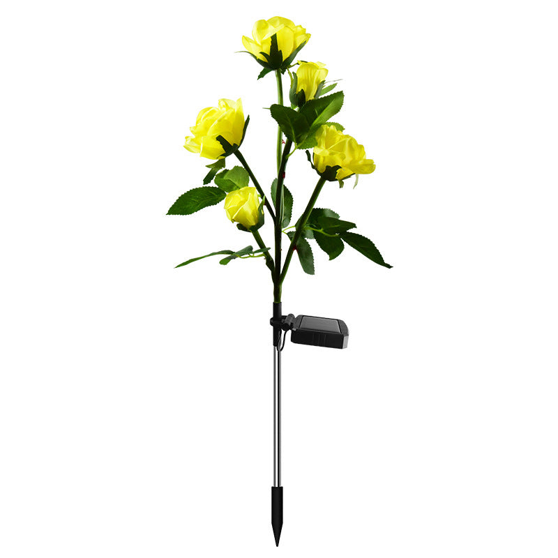 LED solar rose garden lamp with yellow flowers and green foliage for outdoor decor