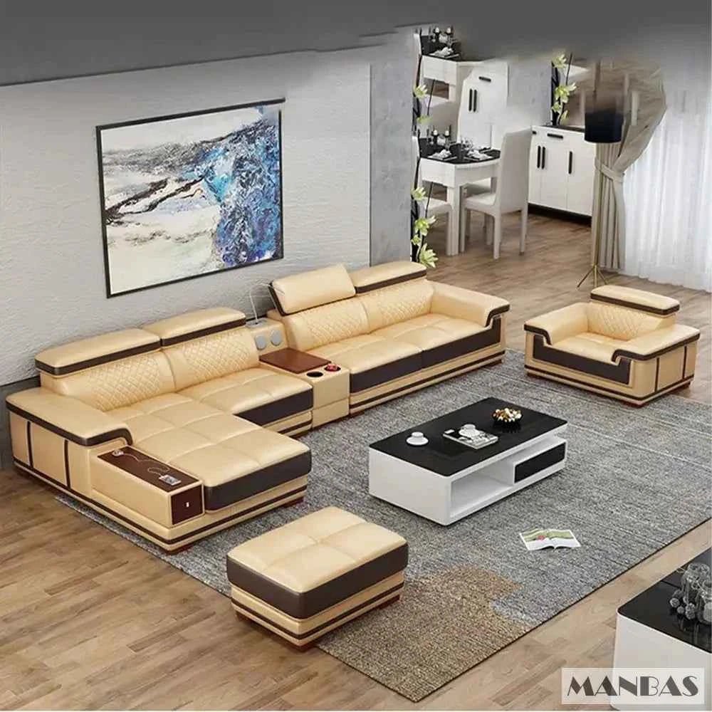 Luxury Genuine Leather Sectional Sofa - Premium Quality for Your Living Space Lchair ottoman table