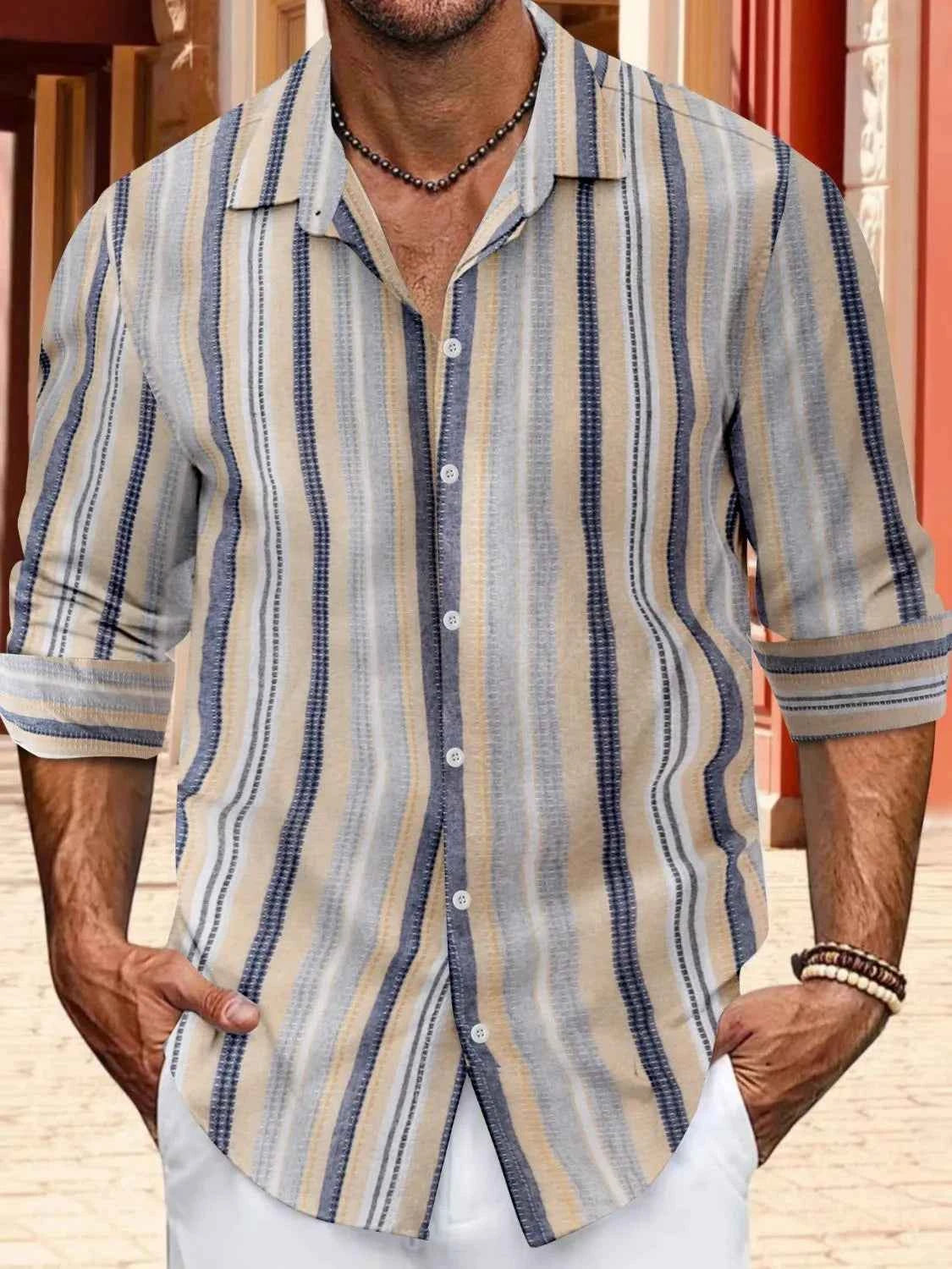 Men's striped button up shirt in blue and beige tones with short sleeves for casual summer wear