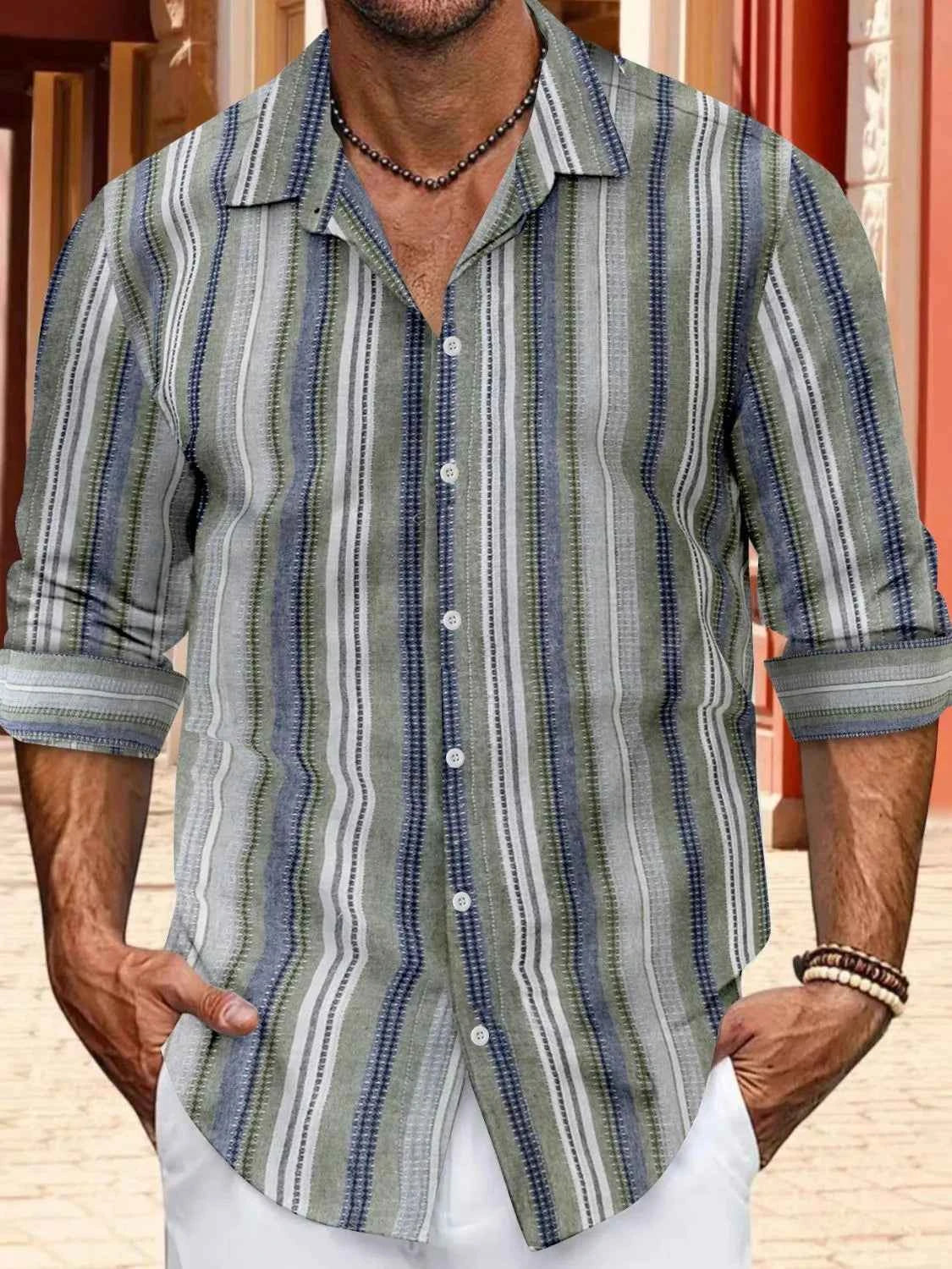 Men's striped button up shirt in green and gray with a relaxed fit and rolled sleeves