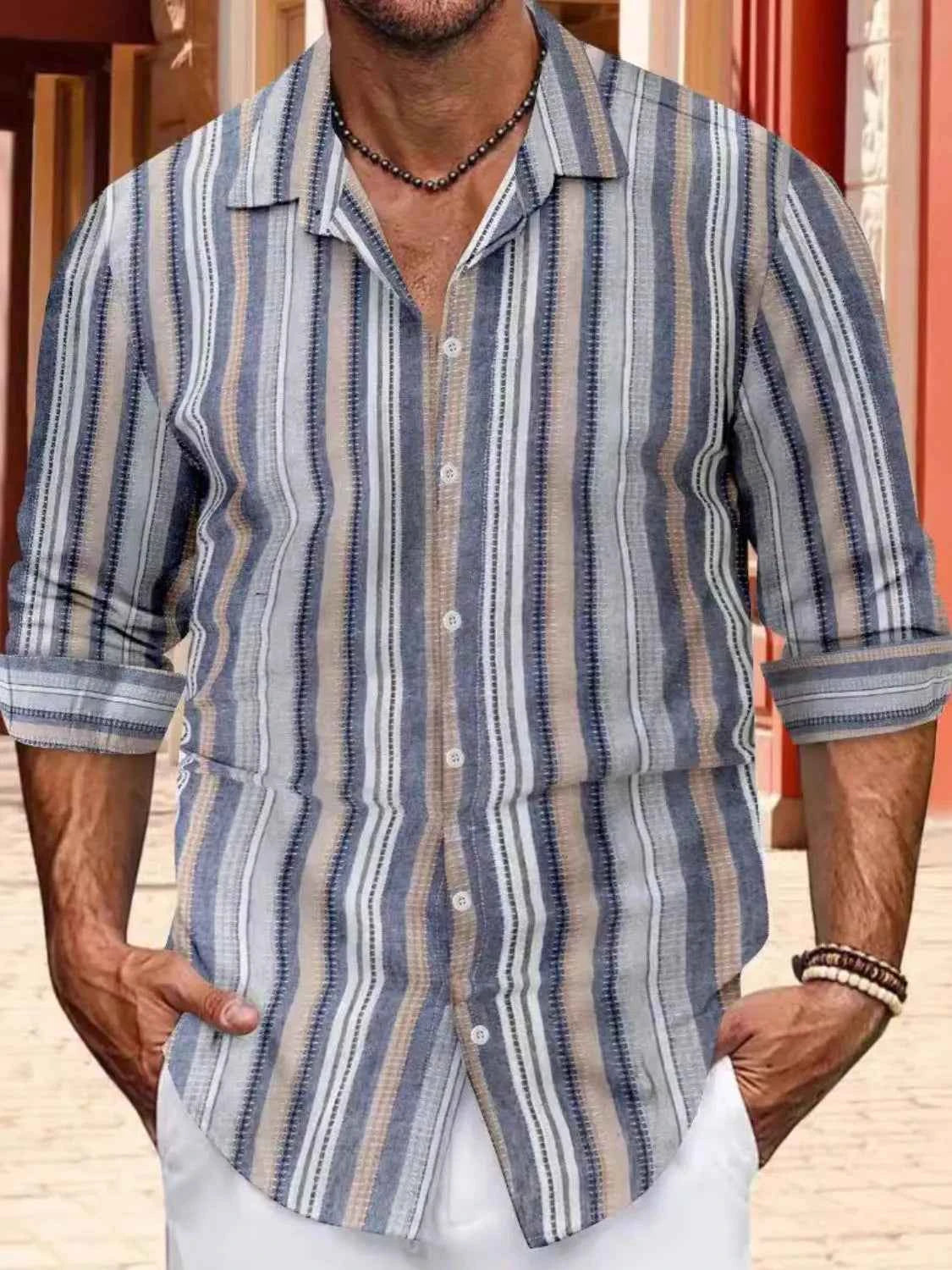 Men's striped button up shirt in blue and beige tones, perfect for casual summer outings