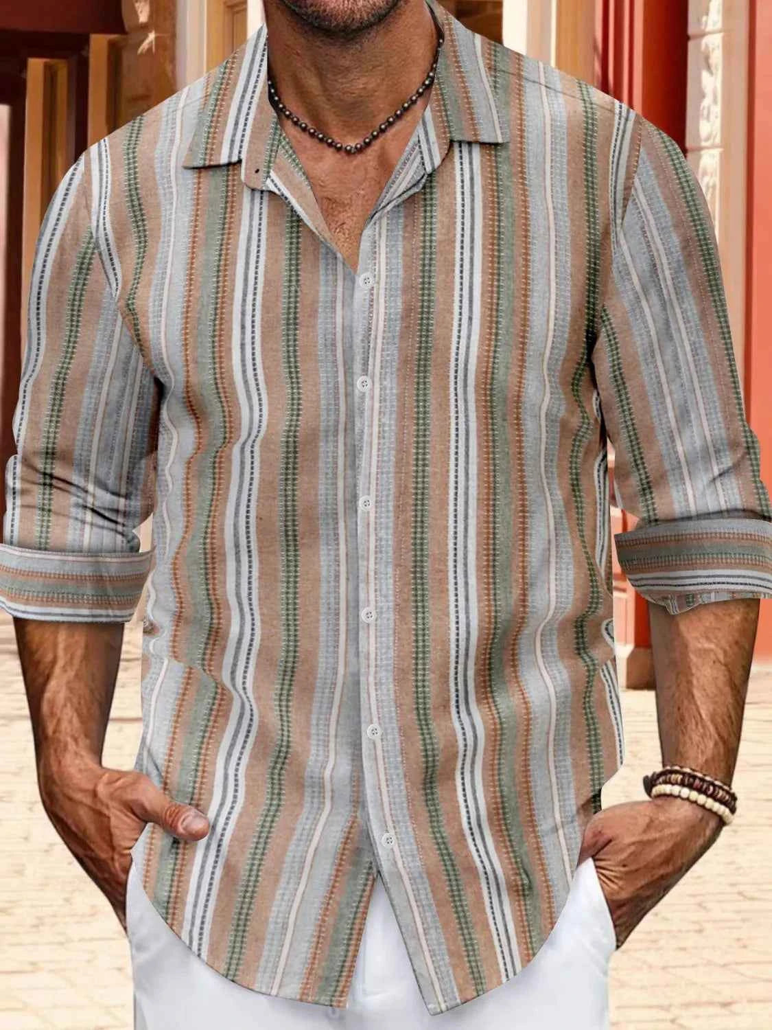 Trendsi men's striped button up shirt in earthy tones with a modern relaxed fit