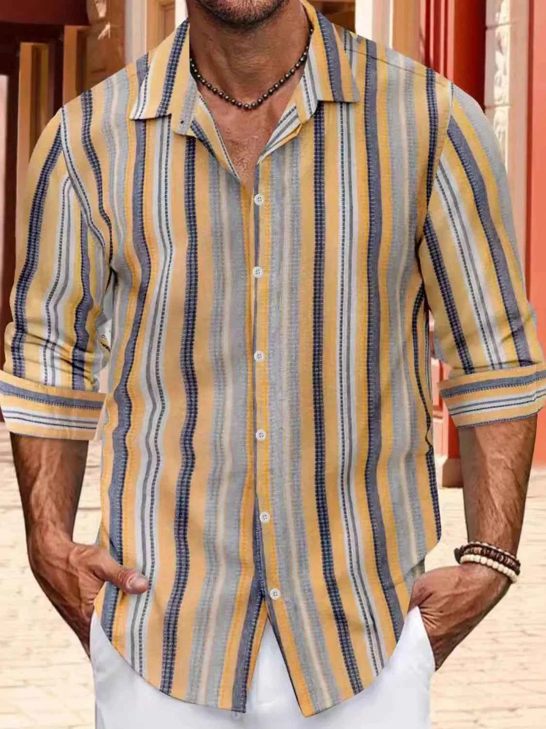 Men's striped button up shirt in yellow and blue stripes, perfect for casual summer outings