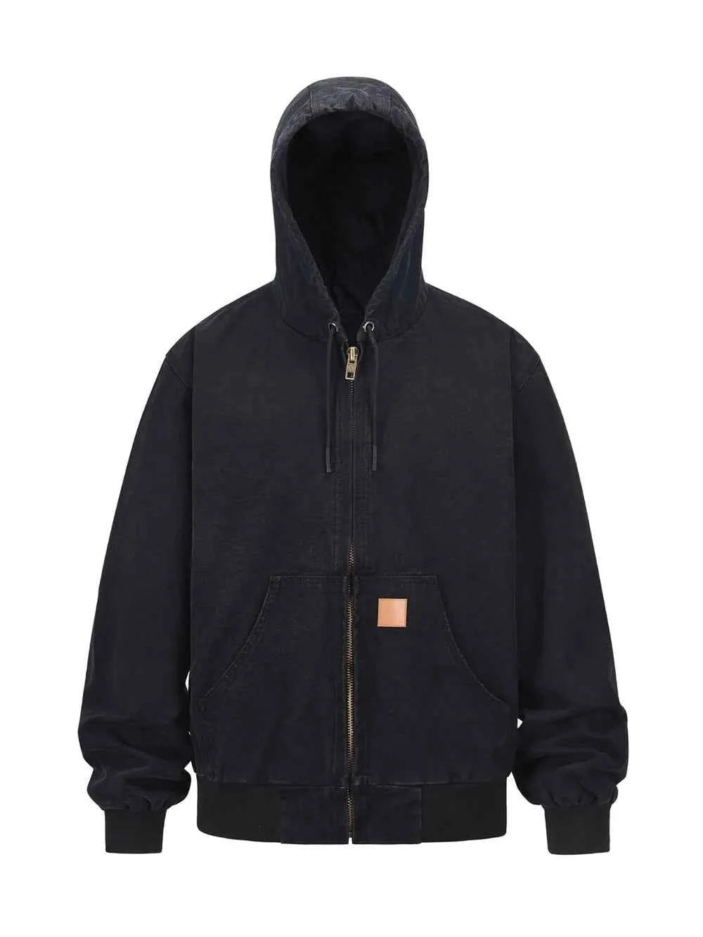Men's washed hooded jacket in black with a front zipper and spacious pockets for casual wear