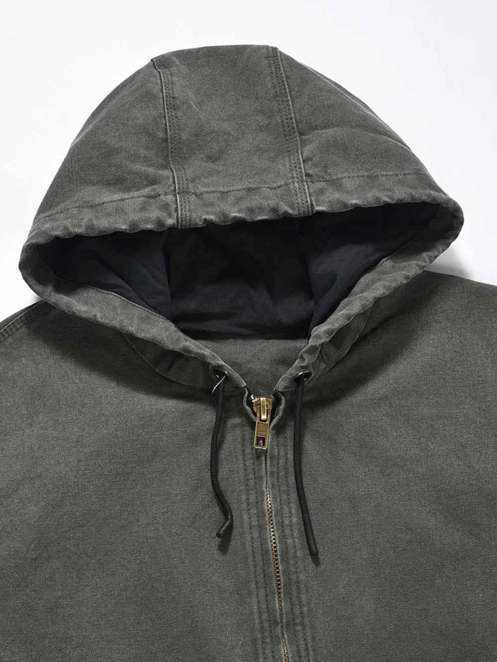 Trendsi men's washed hooded jacket in olive green with a cozy hood and secure zipper closure