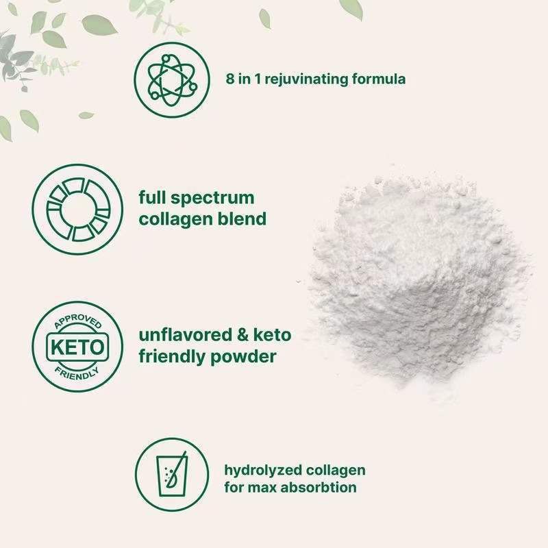 Collagen peptides powder in a white bag with 8 in 1 rejuvenating formula for skin and joint health