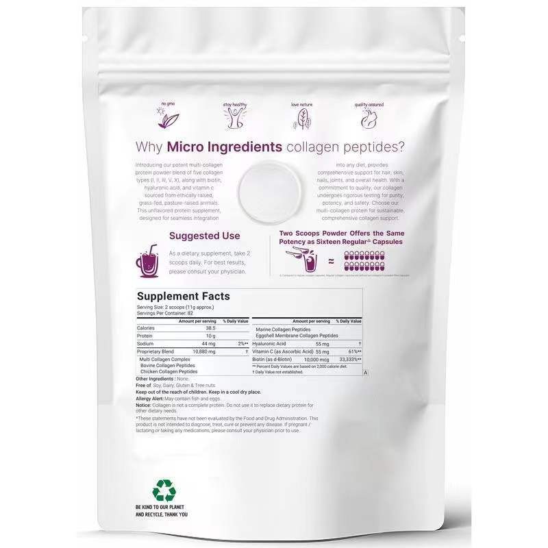 Micro Ingredients collagen peptides powder bag with suggested use and supplement facts for supporting skin health