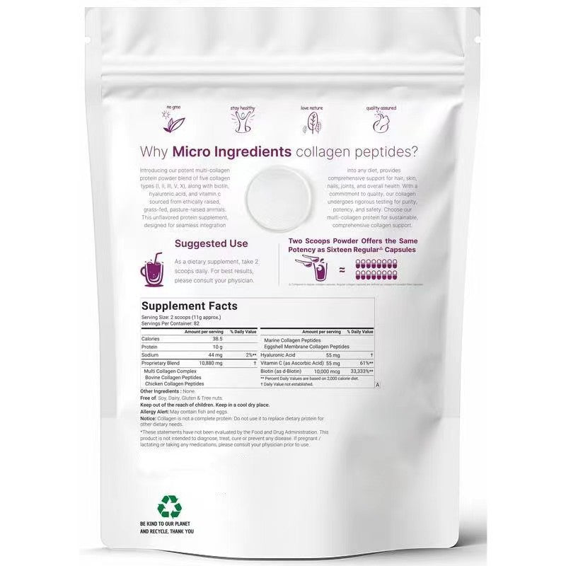 Micro Ingredients collagen peptides powder bag with suggested use and supplement facts on the back