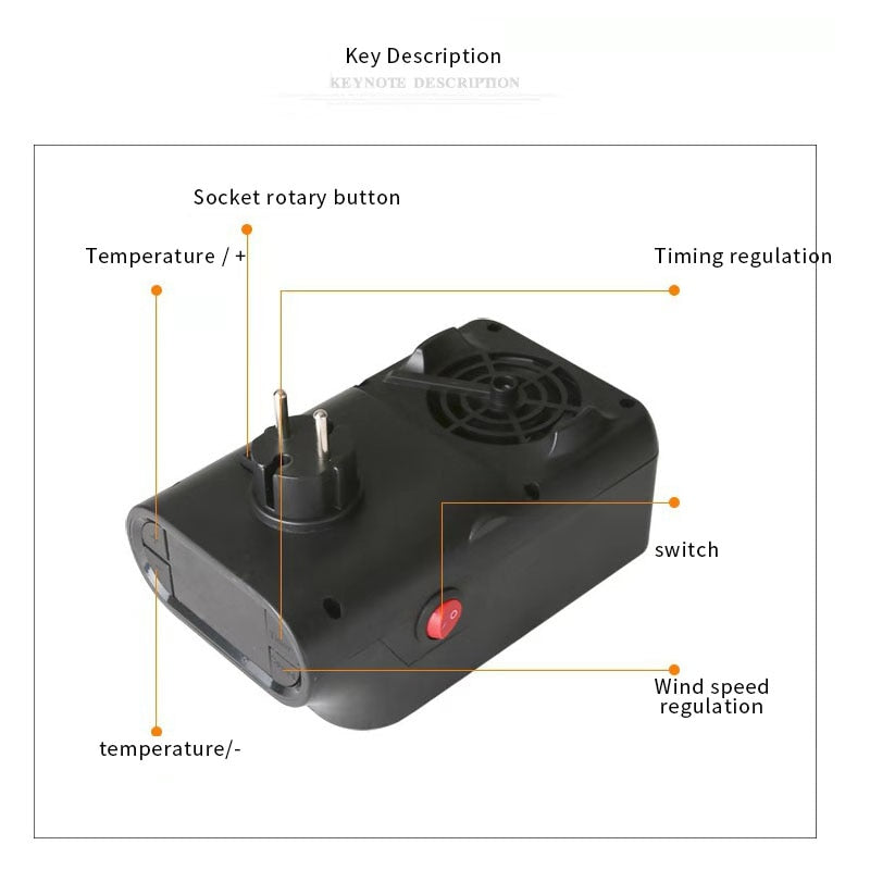 Mini electric wall heater with adjustable temperature, rotary socket button, and wind speed regulation