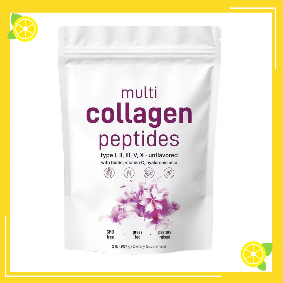 Multi collagen peptides powder supplement with biotin and vitamin C in a resealable bag