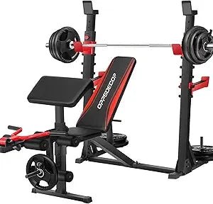 OPPSDECOR 900LBS Weight with Squat Rack Preacher Curl Weight Bench with Leg Extension Bench Press Set Workout Bench Red with Squat Rack United States