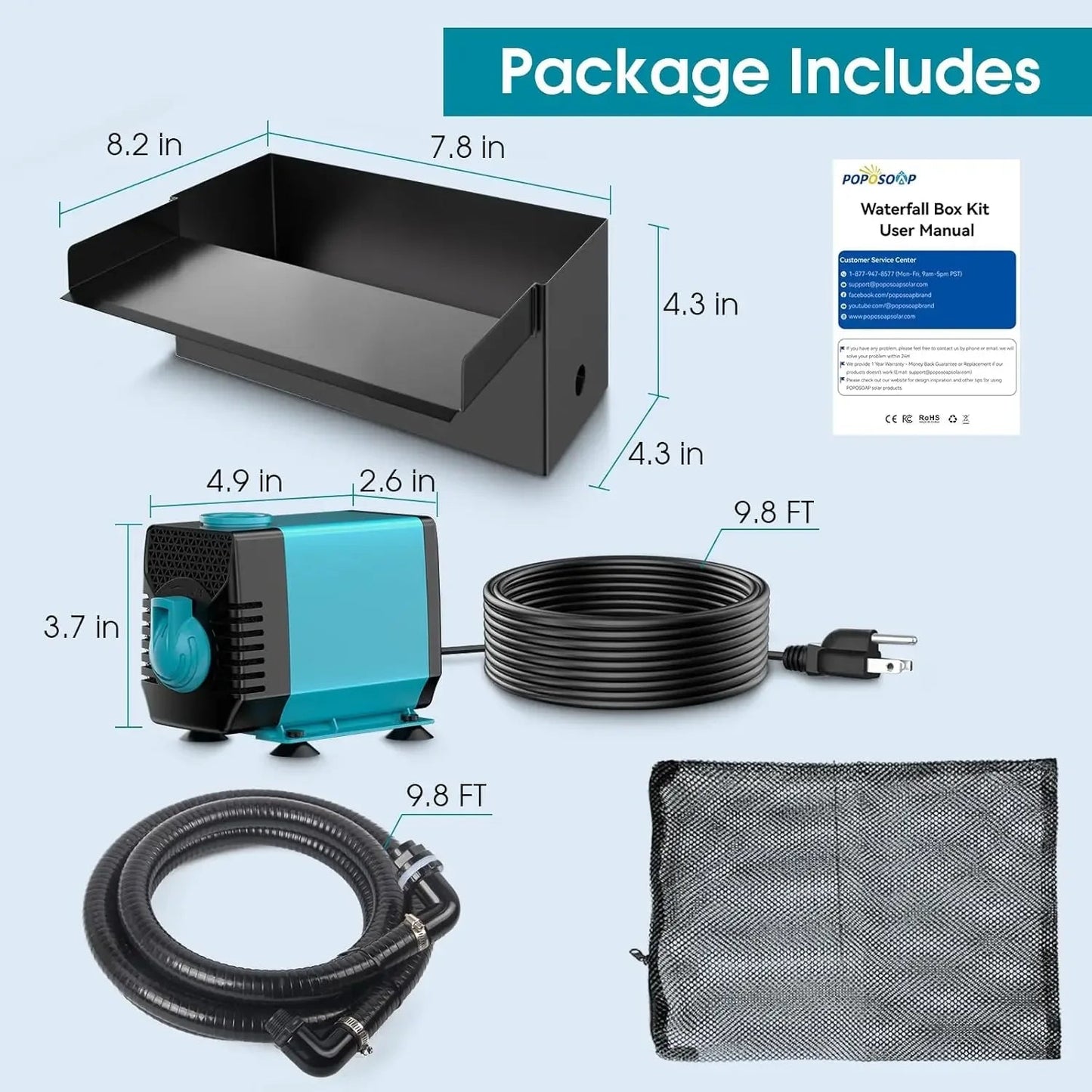 Pond Waterfall Box with Pump Kit, 304 Stainless Steel Pond Waterfall Spillway Pump for Ponds, Pond Spillway Corrugated Tubing 8 United States
