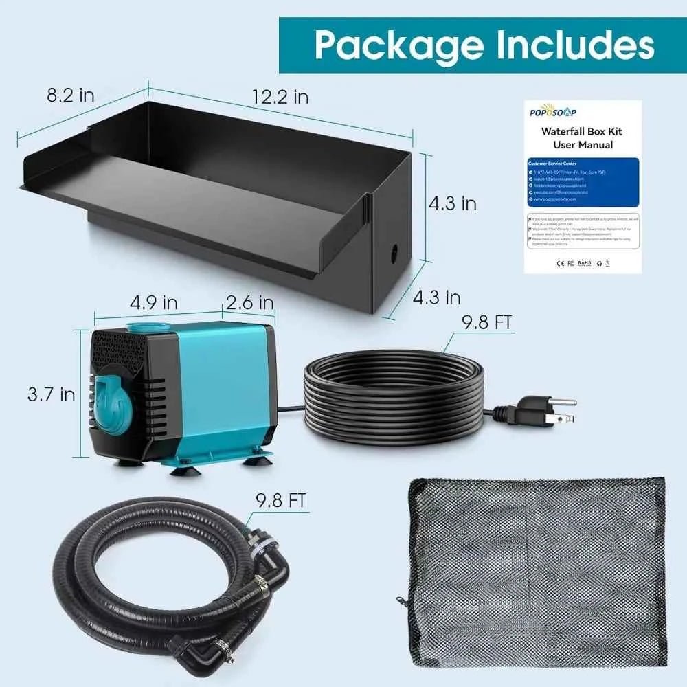 Pond Waterfall Box with Pump Kit, 304 Stainless Steel Pond Waterfall Spillway Pump for Ponds, Pond Spillway Corrugated Tubing 12.2 United States