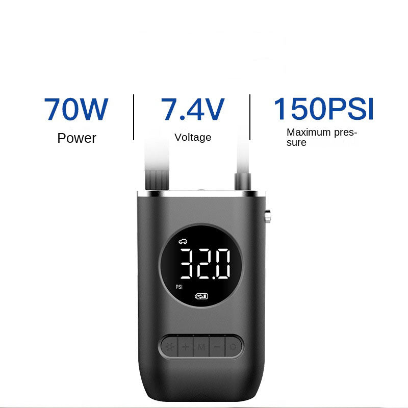 Compact portable tire inflator pump with digital display and maximum pressure of 150 PSI