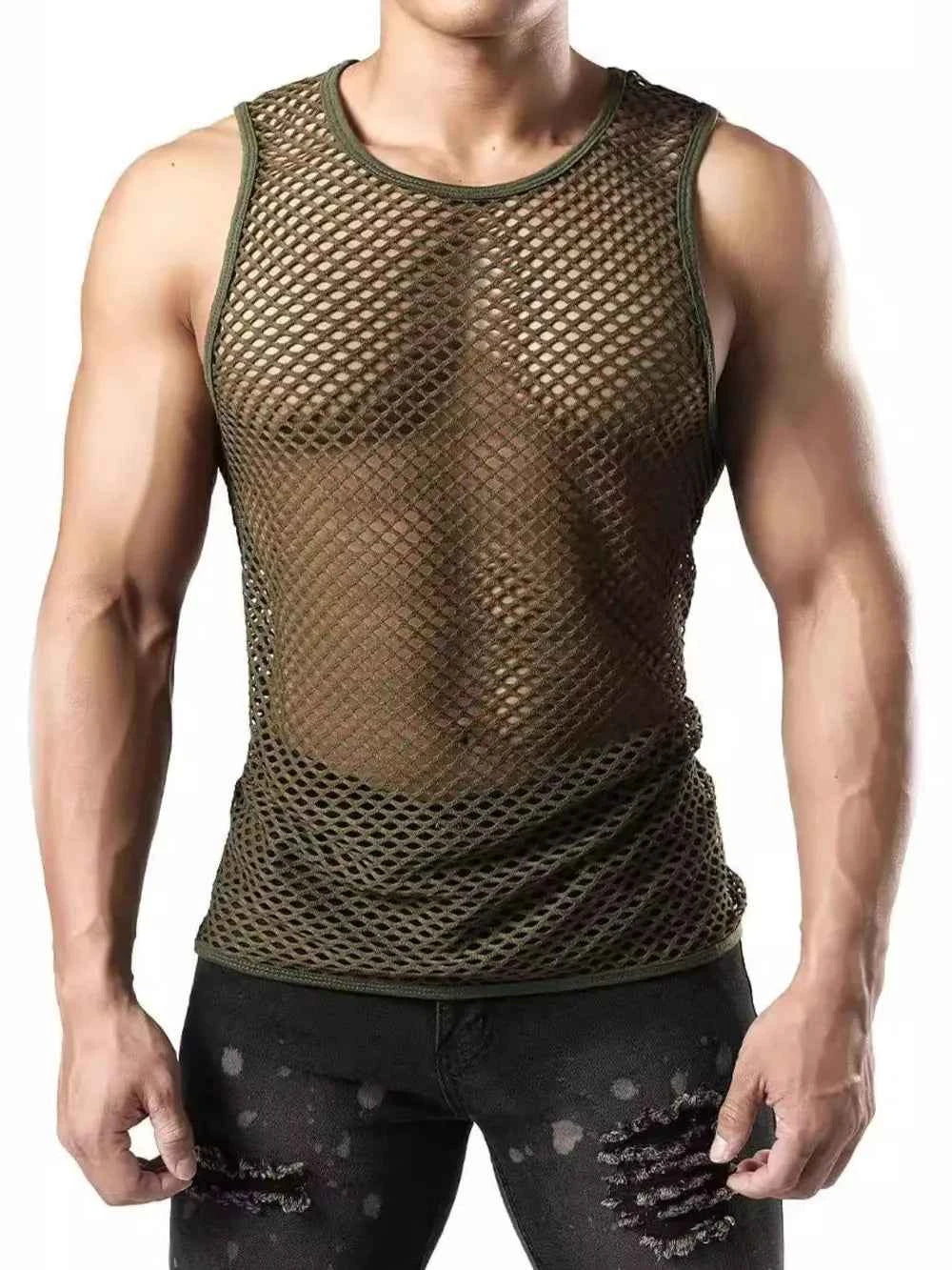 Men's round neck mesh tank in olive green with a stylish fishnet design for a modern look