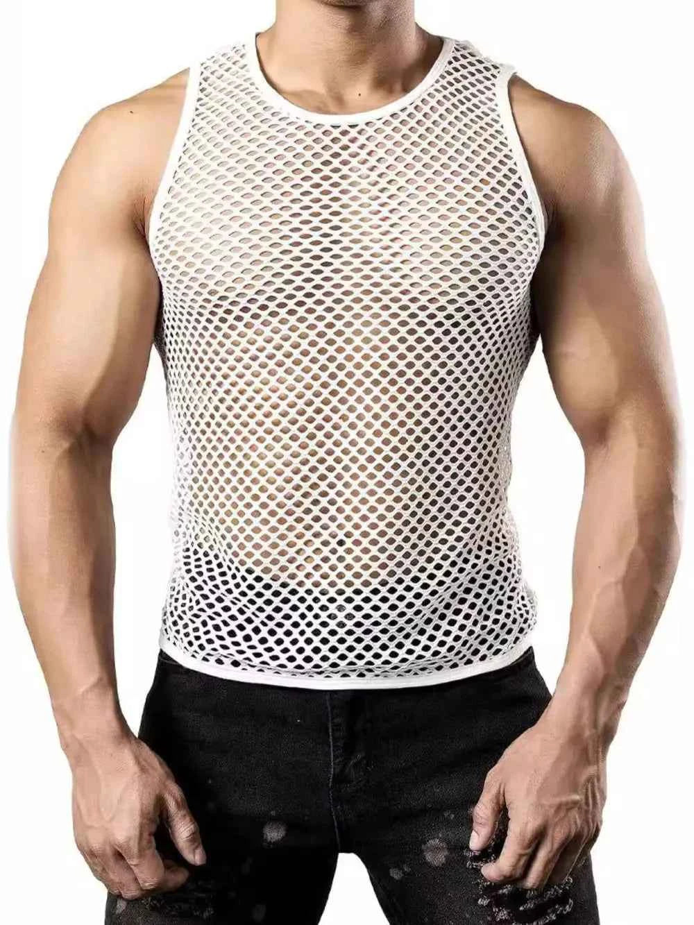 Trendsi round neck mesh tank in white, featuring a breathable design for casual wear