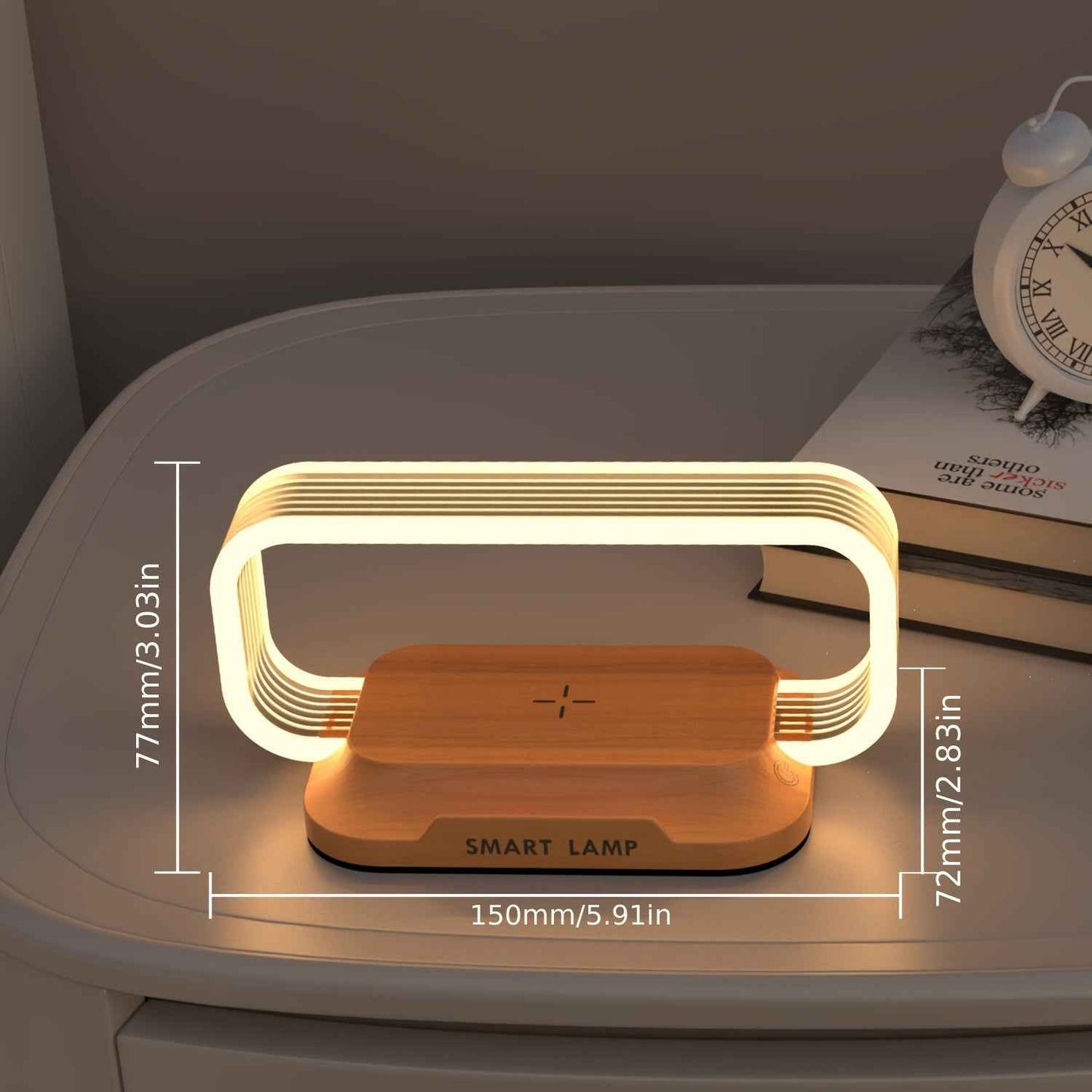 Modern 10W wireless charging lamp with a stylish curved design on a nightstand