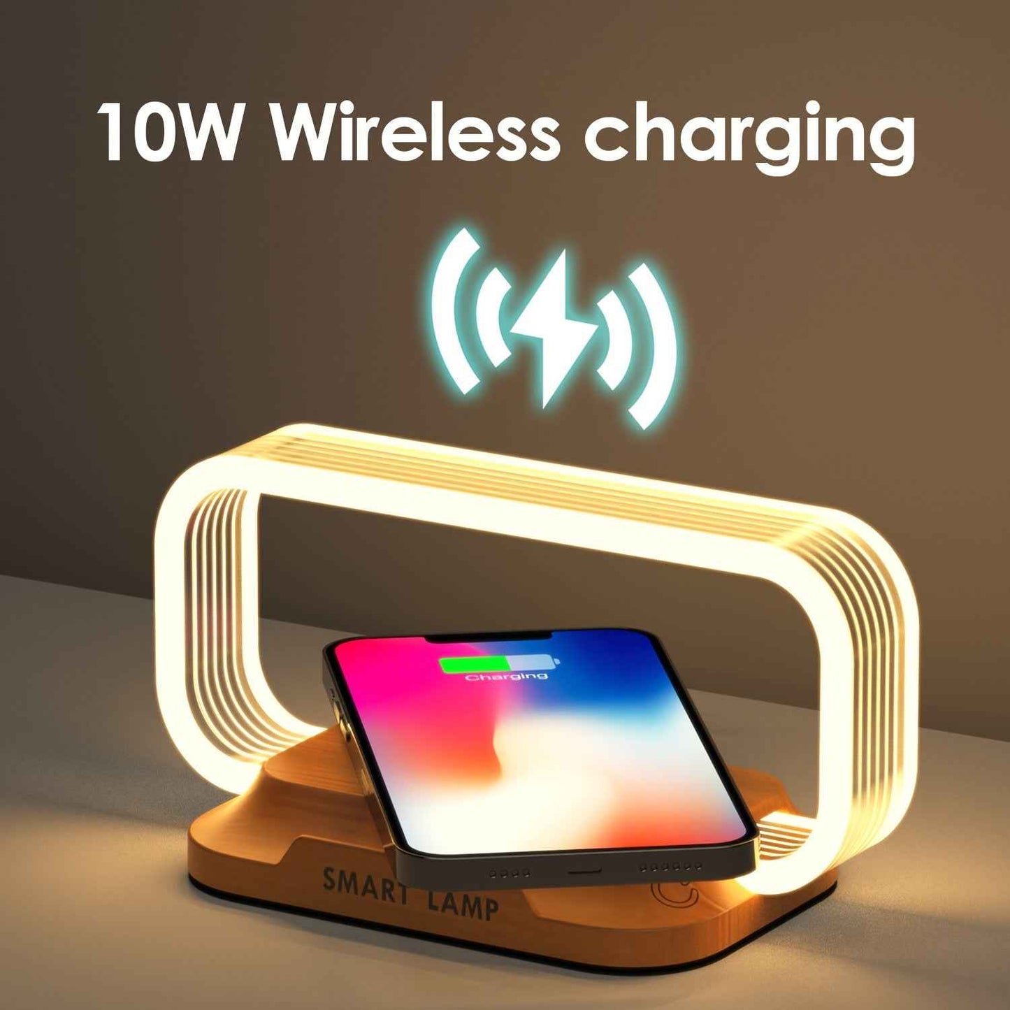 Modern 10W wireless charging lamp with phone charging on base, featuring a sleek design and LED light