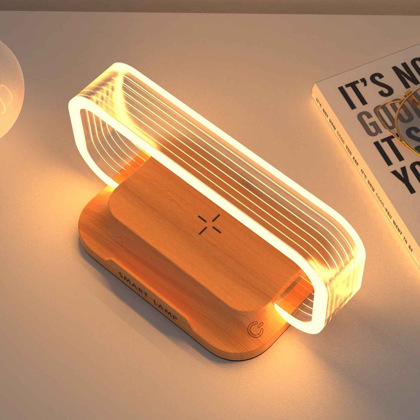 Stylish 10W wireless charging lamp with a wooden base and modern design for home decor