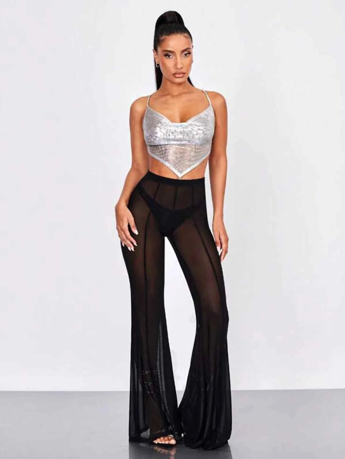 Spring And Summer New European Women's Fashion Sexy Mesh Stitching Bell-bottom Pants Women Thin Breathable Perspective Pants