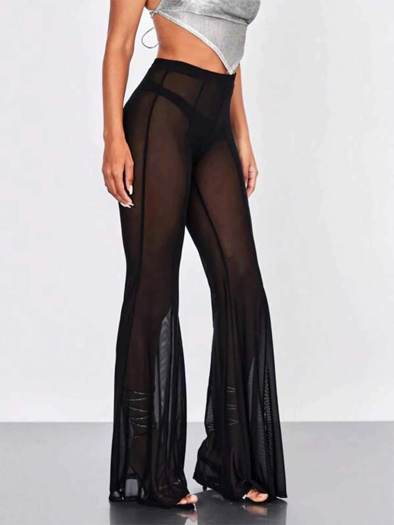 Spring And Summer New European Women's Fashion Sexy Mesh Stitching Bell-bottom Pants Women Thin Breathable Perspective Pants