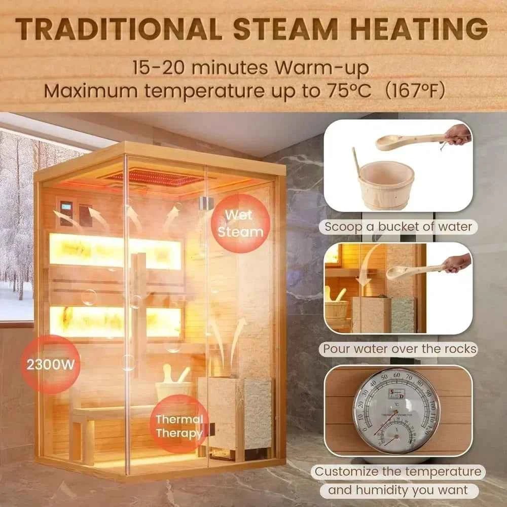 Traditional Steam Sauna with 2300W Stove Heater,Wood Sauna Room with 2 Himalayan Salt Bricks 2-4 Person Luxurious Indoor Sauna