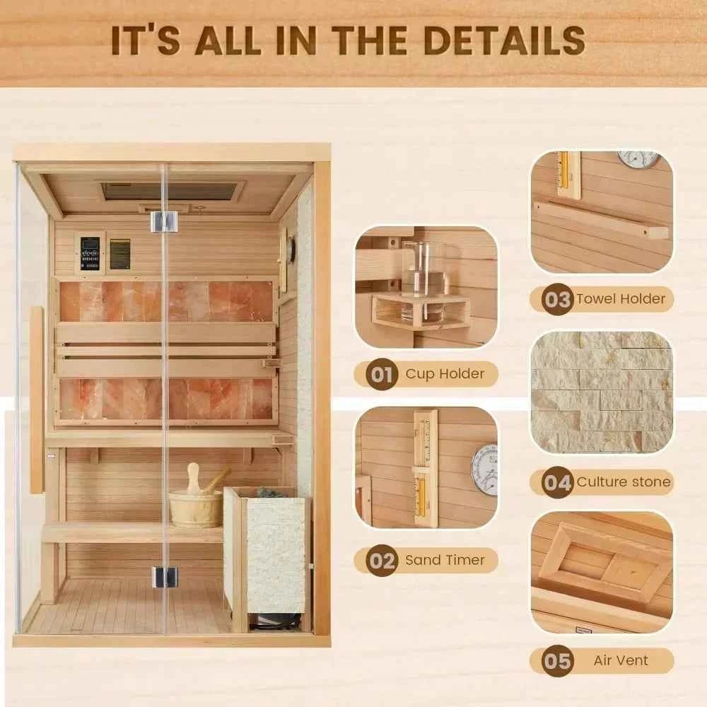 Traditional Steam Sauna with 2300W Stove Heater,Wood Sauna Room with 2 Himalayan Salt Bricks 2-4 Person Luxurious Indoor Sauna