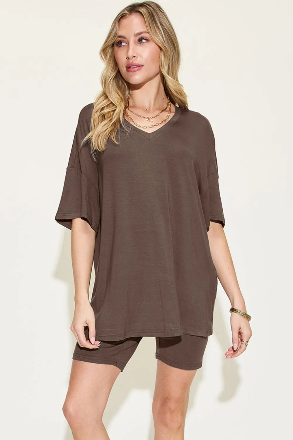 Trendy lounge wear for women featuring a brown oversized tee and matching shorts for a comfortable look
