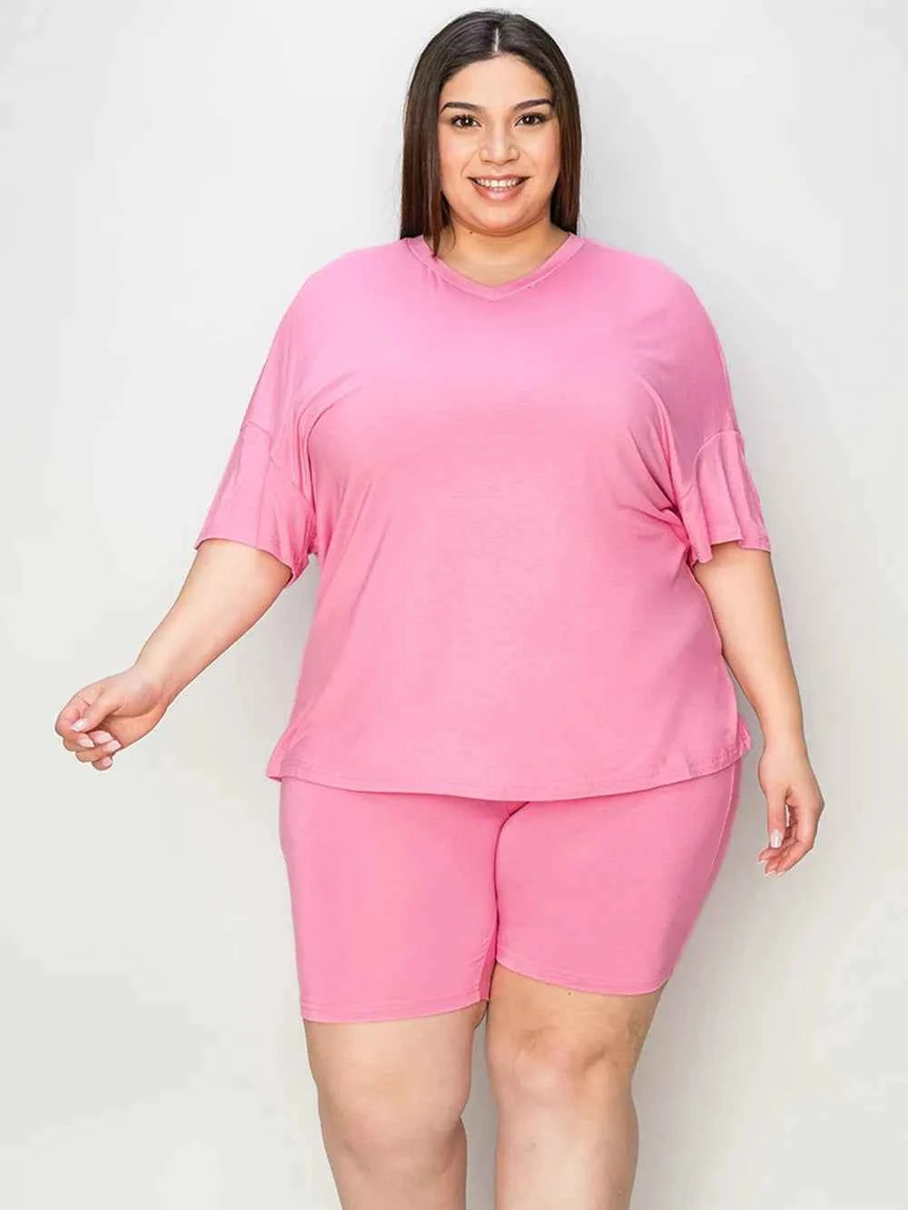 Trendy lounge wear for women in pink with short sleeves and matching shorts for comfort