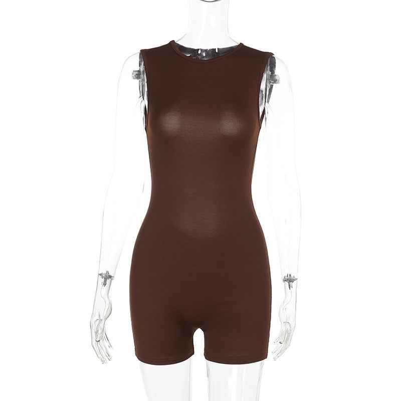 Brown slim-fit sports jumpsuit designed for comfort and style during workouts