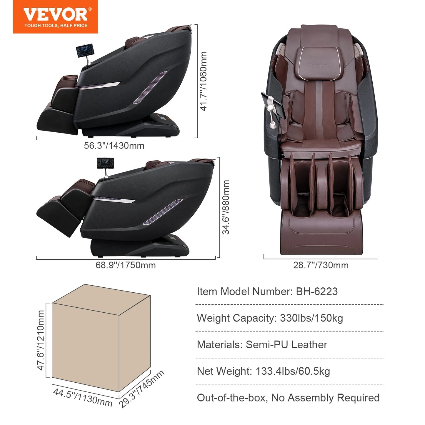 VEVOR Massage Chair - Full Body Zero Gravity Recliner with Multi Auto Modes 3D Shiatsu Heating Bluetooth Speaker Foot Roller TouchScreen