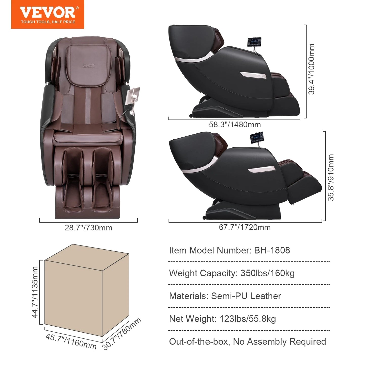 VEVOR Massage Chair - Full Body Zero Gravity Recliner with Multi Auto Modes 3D Shiatsu Heating Bluetooth Speaker Foot Roller ManualRemoteControl