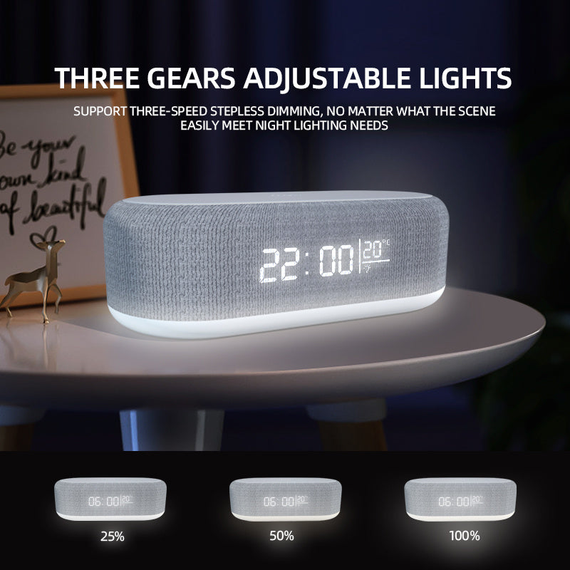 Wireless charging dock with alarm clock featuring adjustable three-speed lights and temperature display