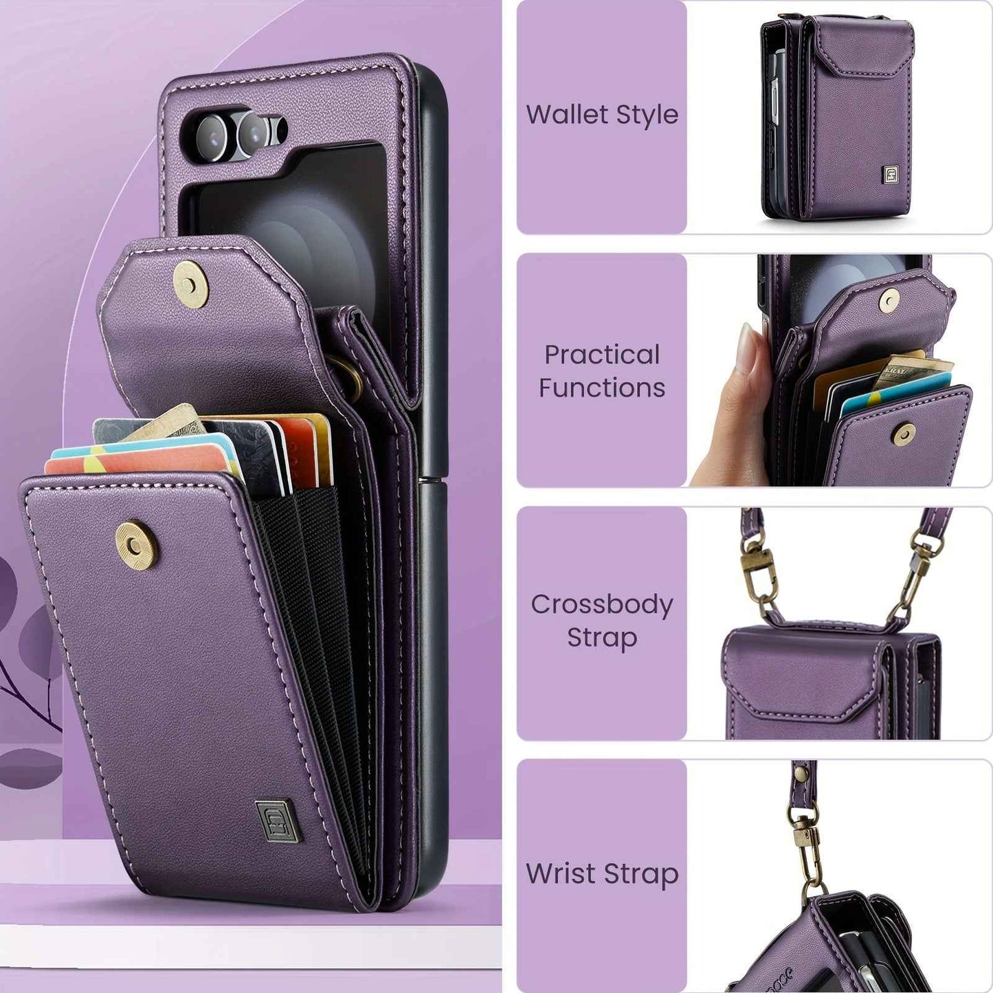 Crossbody Case for Samsung Galaxy Z Flip 3/4/5 - Vintage Faux Leather Strap, Magnetic Closure & Card Holder - Unisex Design in Black