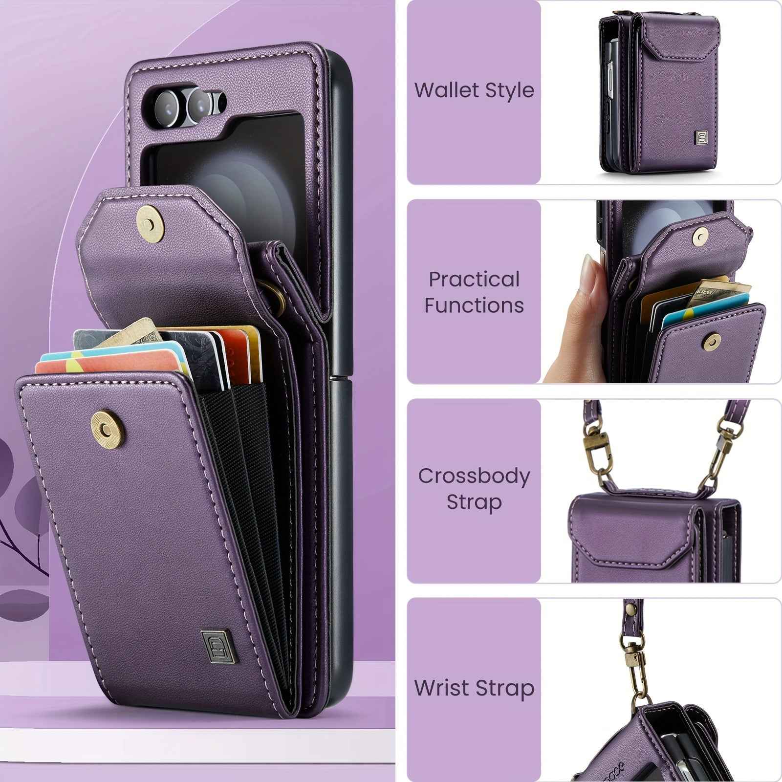 Crossbody Case for Samsung Galaxy Z Flip 3/4/5 - Vintage Faux Leather Strap, Magnetic Closure & Card Holder - Unisex Design in Black