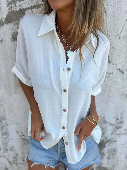 Full Size Collared Neck Half Sleeve Shirt Plus Size White