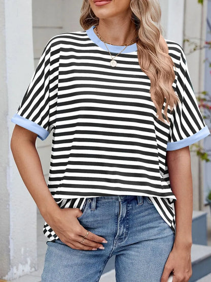 Striped Round Neck Half Sleeve T-Shirt Black White