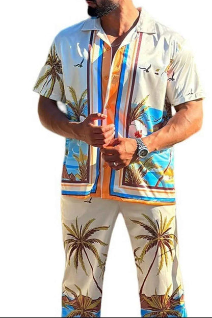 Men's Full Size Printed Short Sleeve Top and Pants Set Plus Size