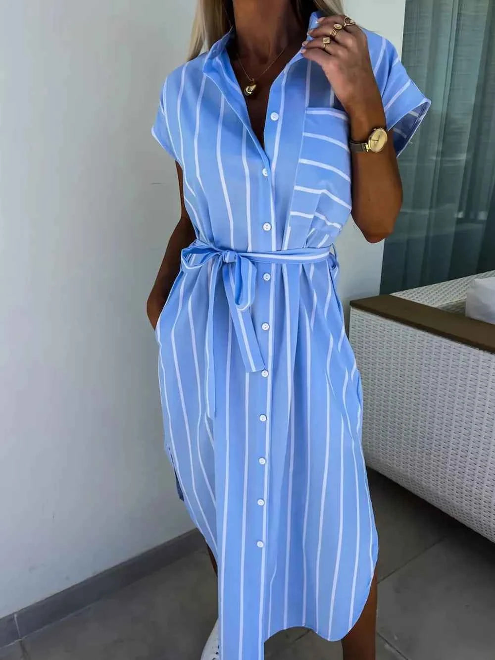 Striped Tie Waist Short Sleeve Dress