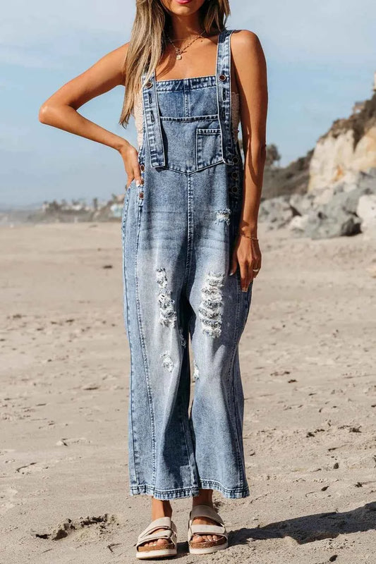 Distressed Bib Pocket Wide Leg Denim Overalls