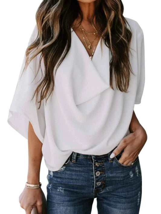 Full Size Ruched Three-Quarter Sleeve Blouse Plus Size White