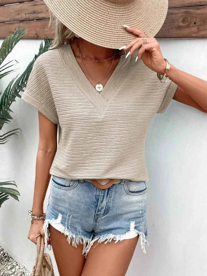Textured Solid Color Short Sleeve Top Dust Storm