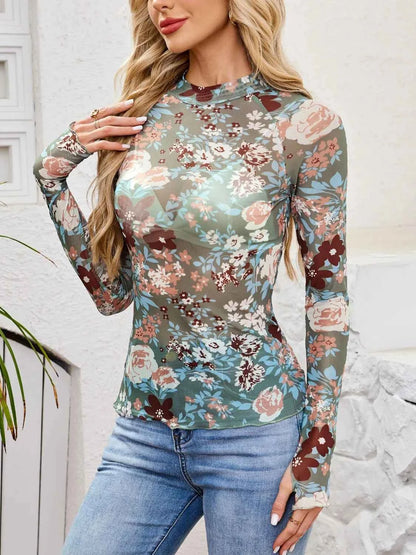 Floral Mock Neck Long Sleeve Top Teal