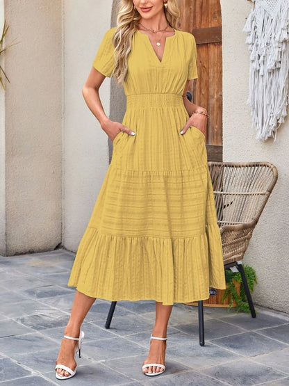 Tiered Notched Short Sleeve Dress Chartreuse