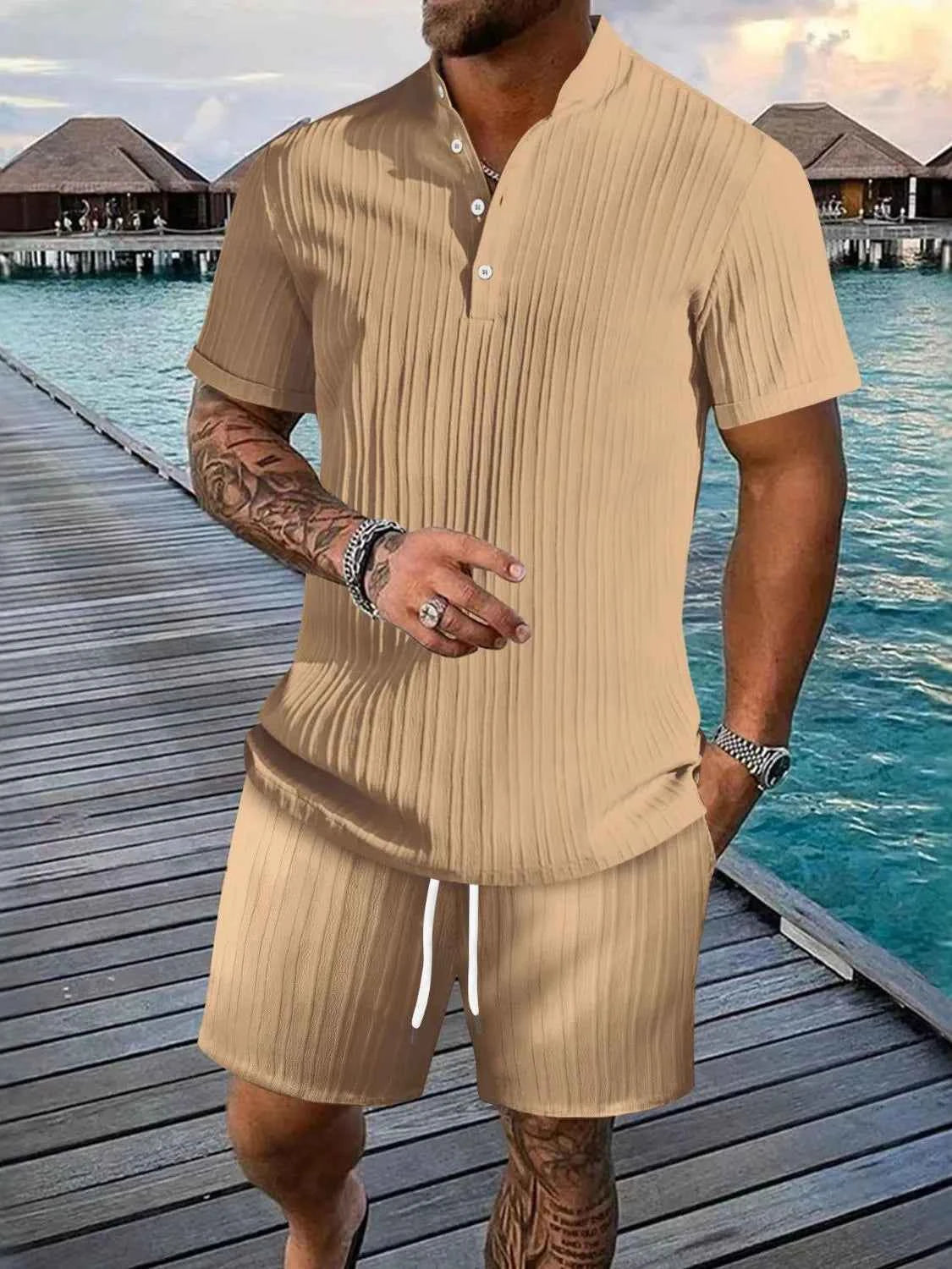 Men's Full Size Button Detail Short Sleeve Top and Shorts Set Plus Size