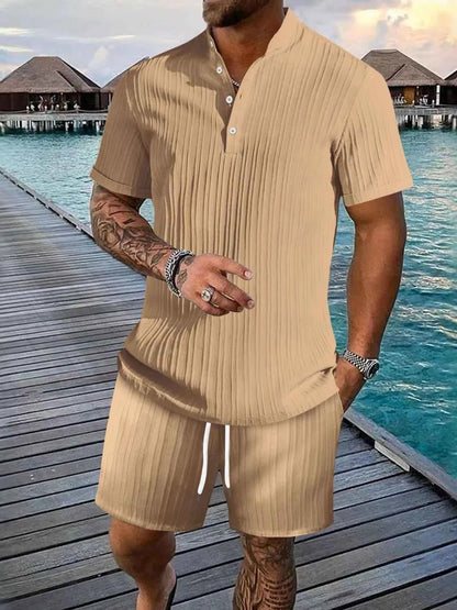 Men's Full Size Button Detail Short Sleeve Top and Shorts Set Plus Size Camel