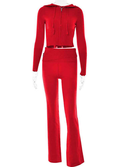Knitted Hooded Suits for Women - High-Waist Long-Sleeves Trousers Two-Piece Set Red Suit