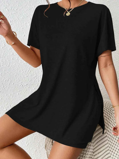 Slit Round Neck Short Sleeve Oversized Top and Shorts Set Black