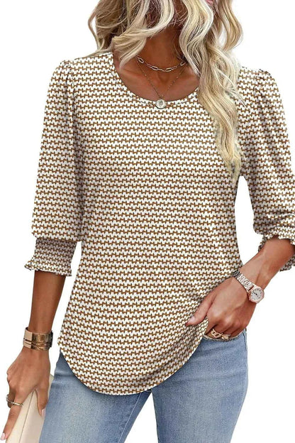 Printed Round Neck Three-Quarter Sleeve Blouse